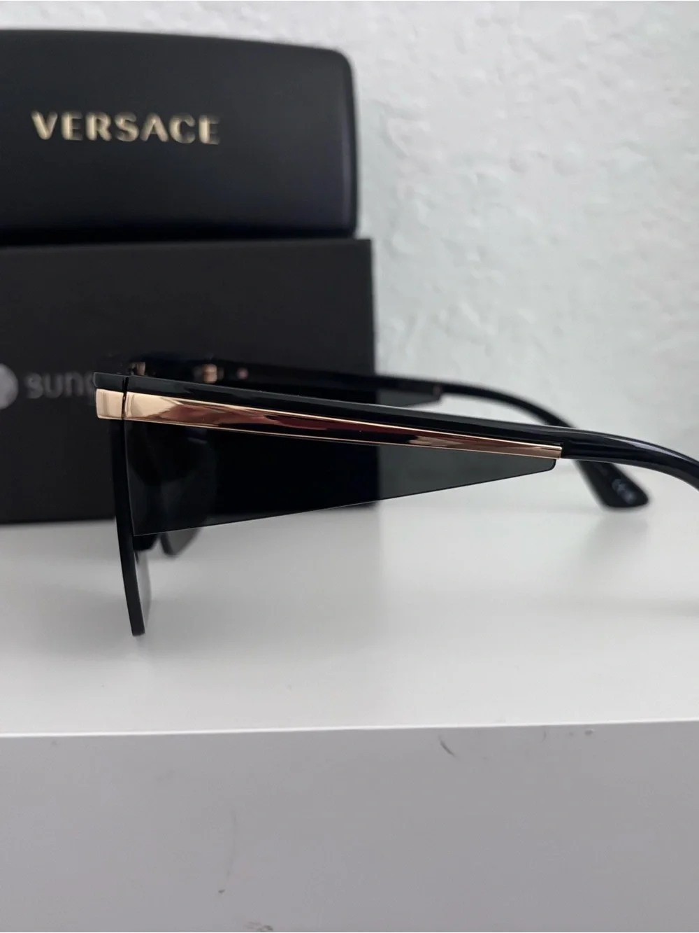 Versace Black Shield Sunglasses with Gold Brow Bar